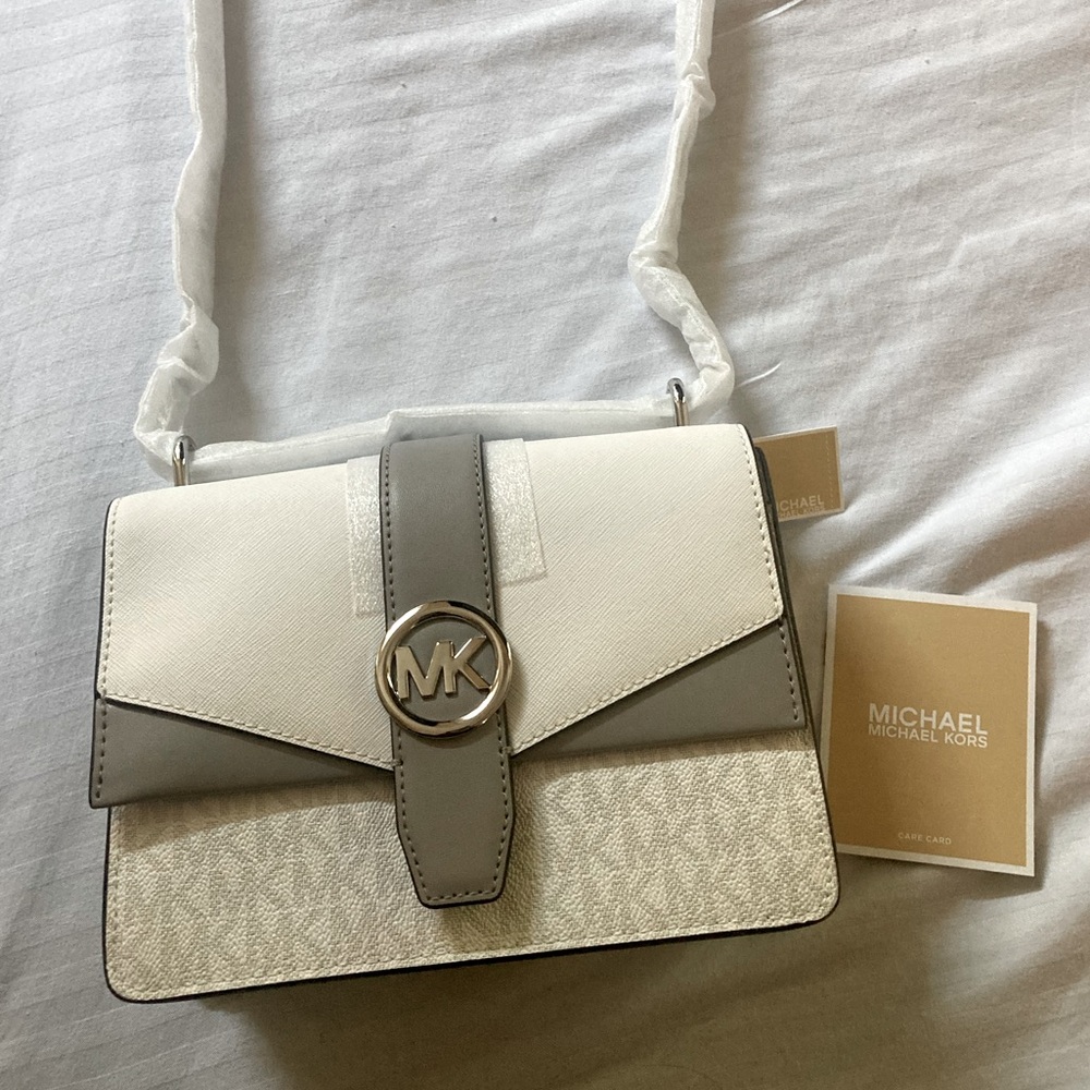 Michael Kors White and Gray Greenwich Leather Women's Satchel Crossbody Bag NWT